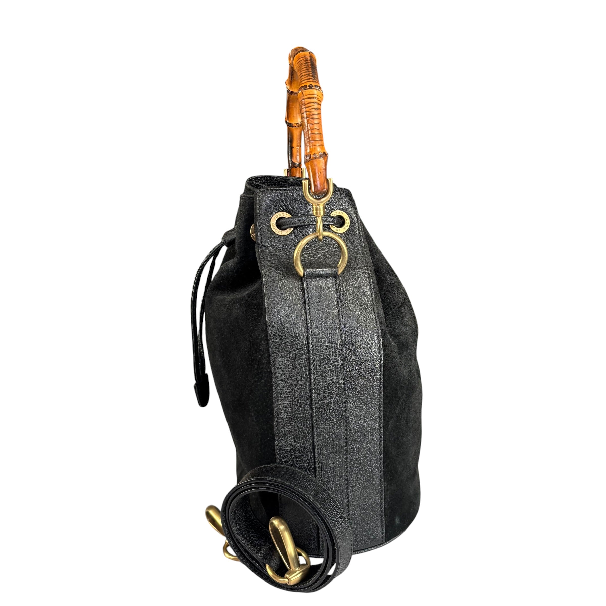 Gucci Bamboo Black Leather Suede Bucket Shoulder Bag – Elliott's