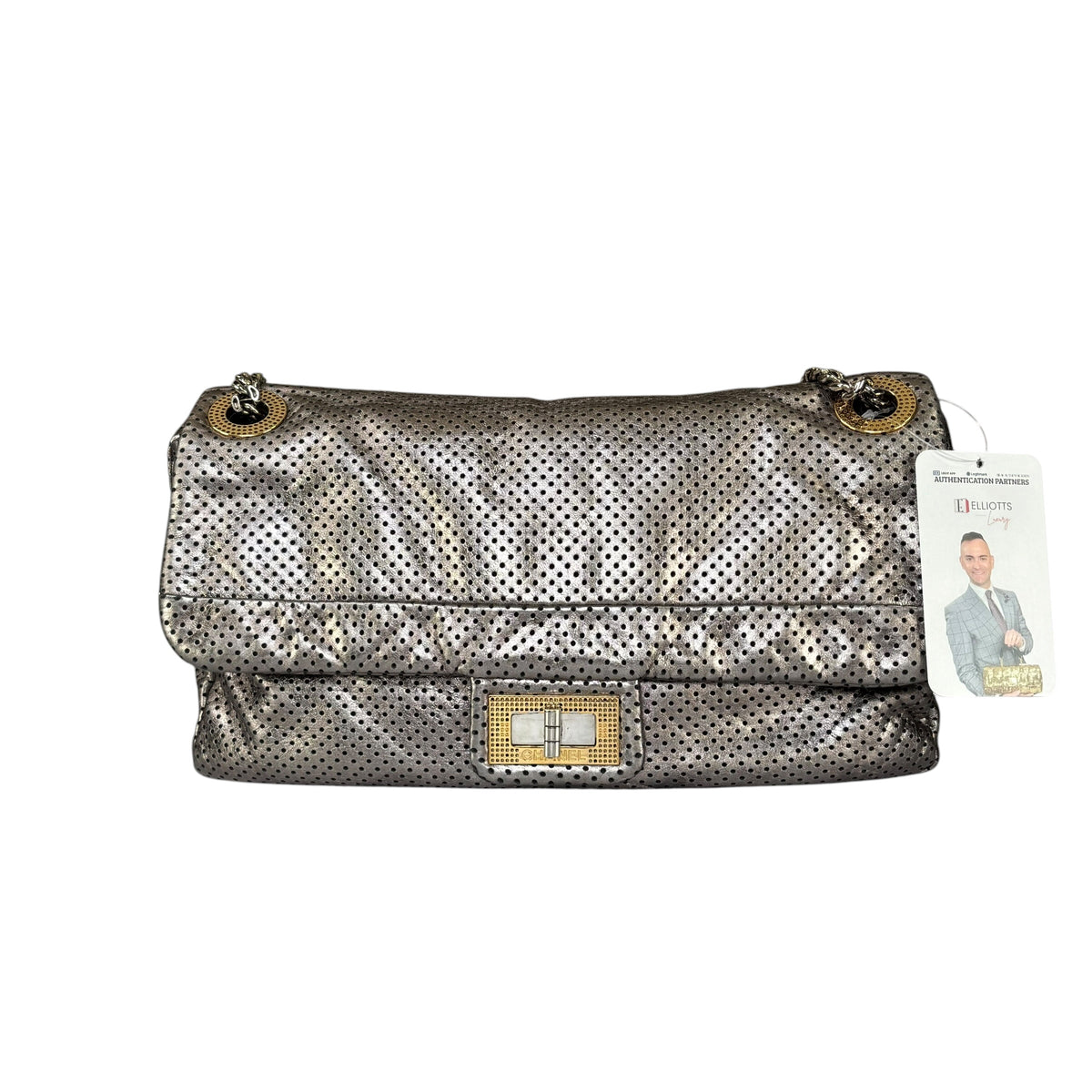 Chanel 2.55 Drill Flap Pewter Metallic Lambskin Leather GHW Med Shoulder Purse