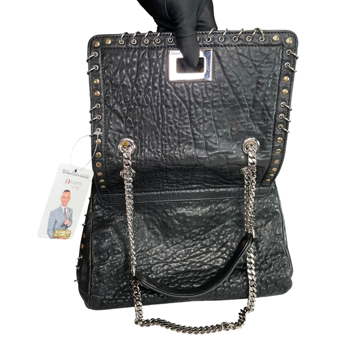 Emilio Pucci Pierced Studded Flap Black Aged Cowhide Silver Gold 2-Way Shoulder Bag