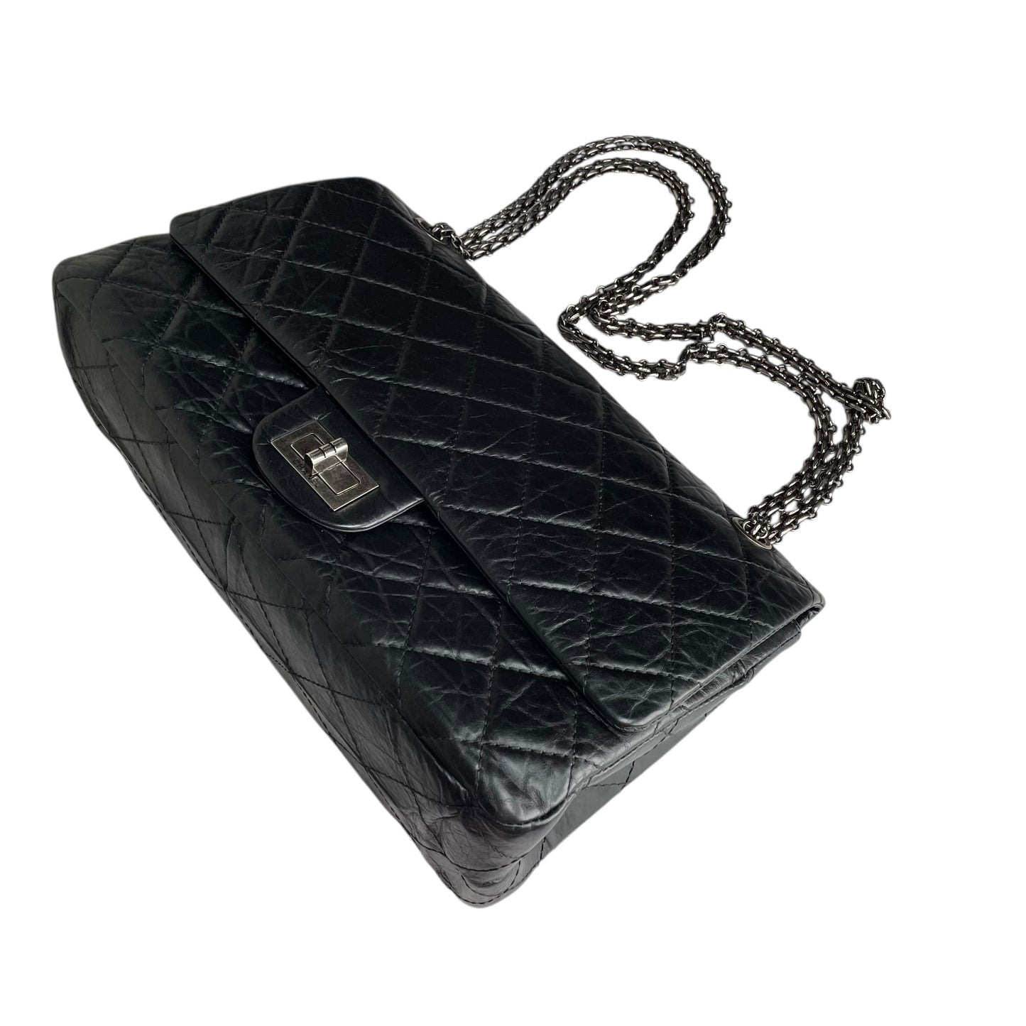 Chanel CC 255 Re-Issue Large Black Aged Calf Gunmetal Hardware Double Flap Purse