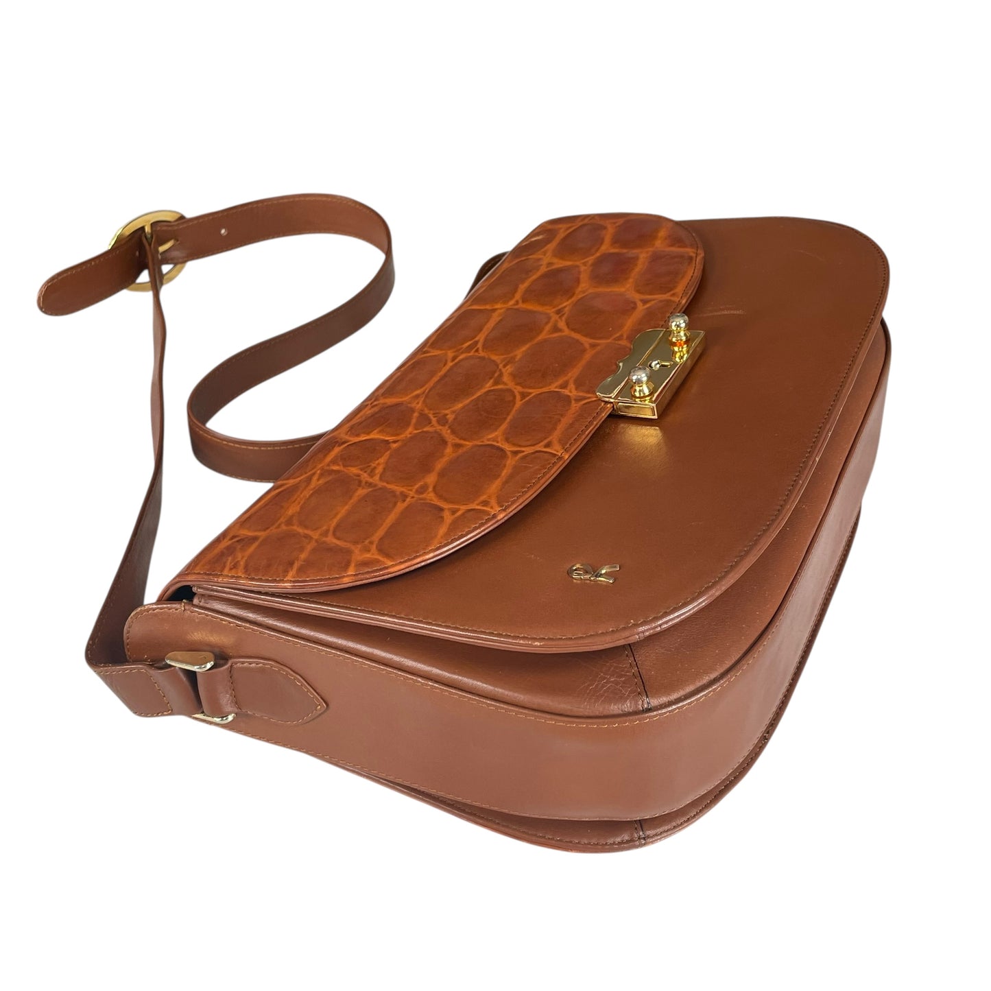 Roberta Di Camerino Croc Embossed Brown Leather GHW Shoulder Flap Purse