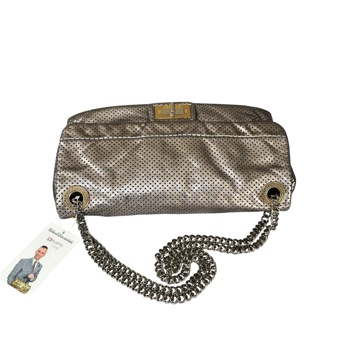 Chanel 2.55 Drill Flap Pewter Metallic Lambskin Leather GHW Med Shoulder Purse
