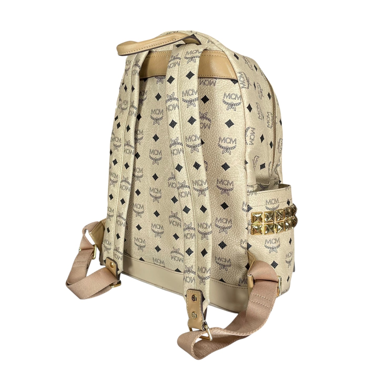 MCM Viestos GHW Studded Creme Pebbled Canvas 15" Laptop Bag Backpack