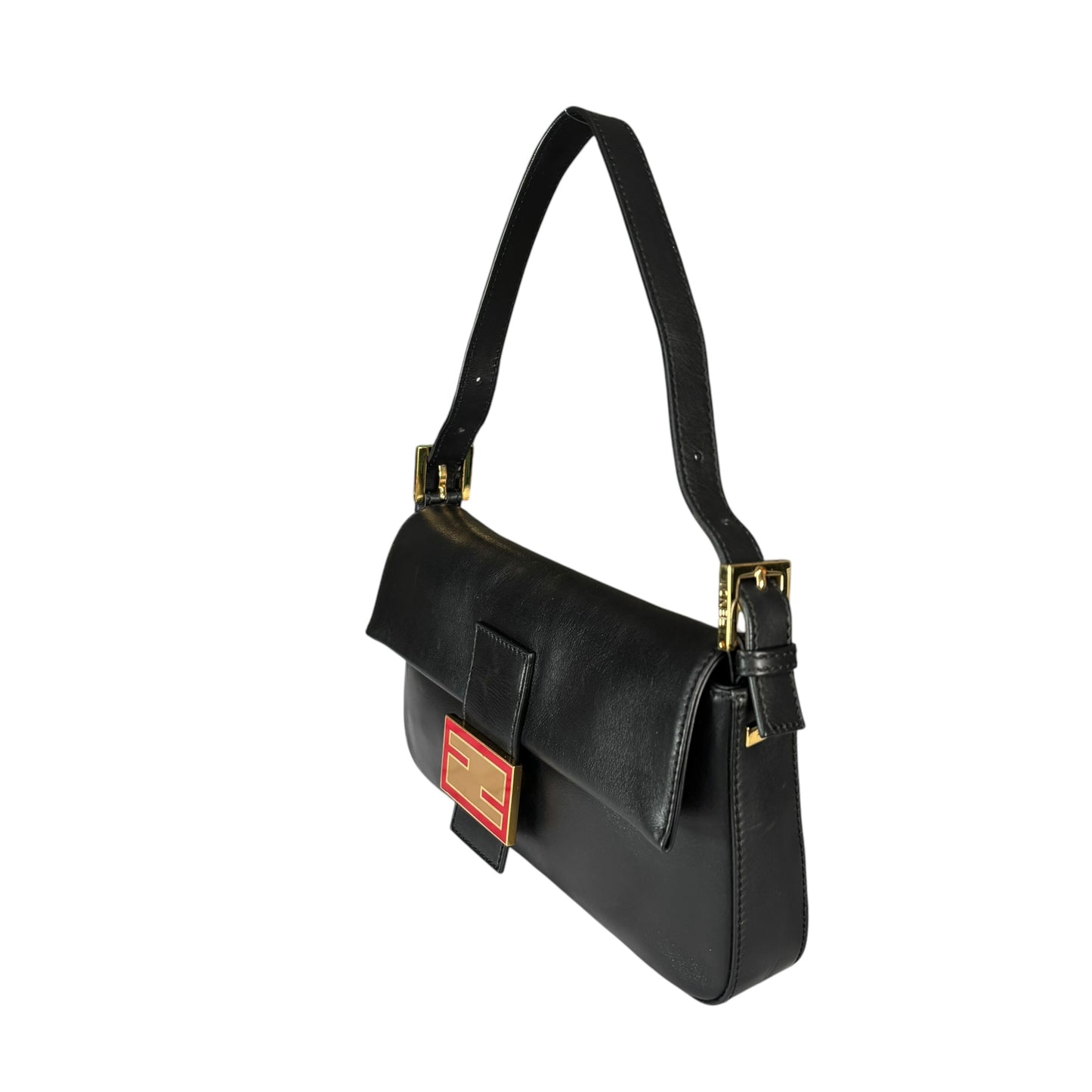Fendi Baguette Re-Issue Black Leather GHW Red/ Tan Shoulder Purse