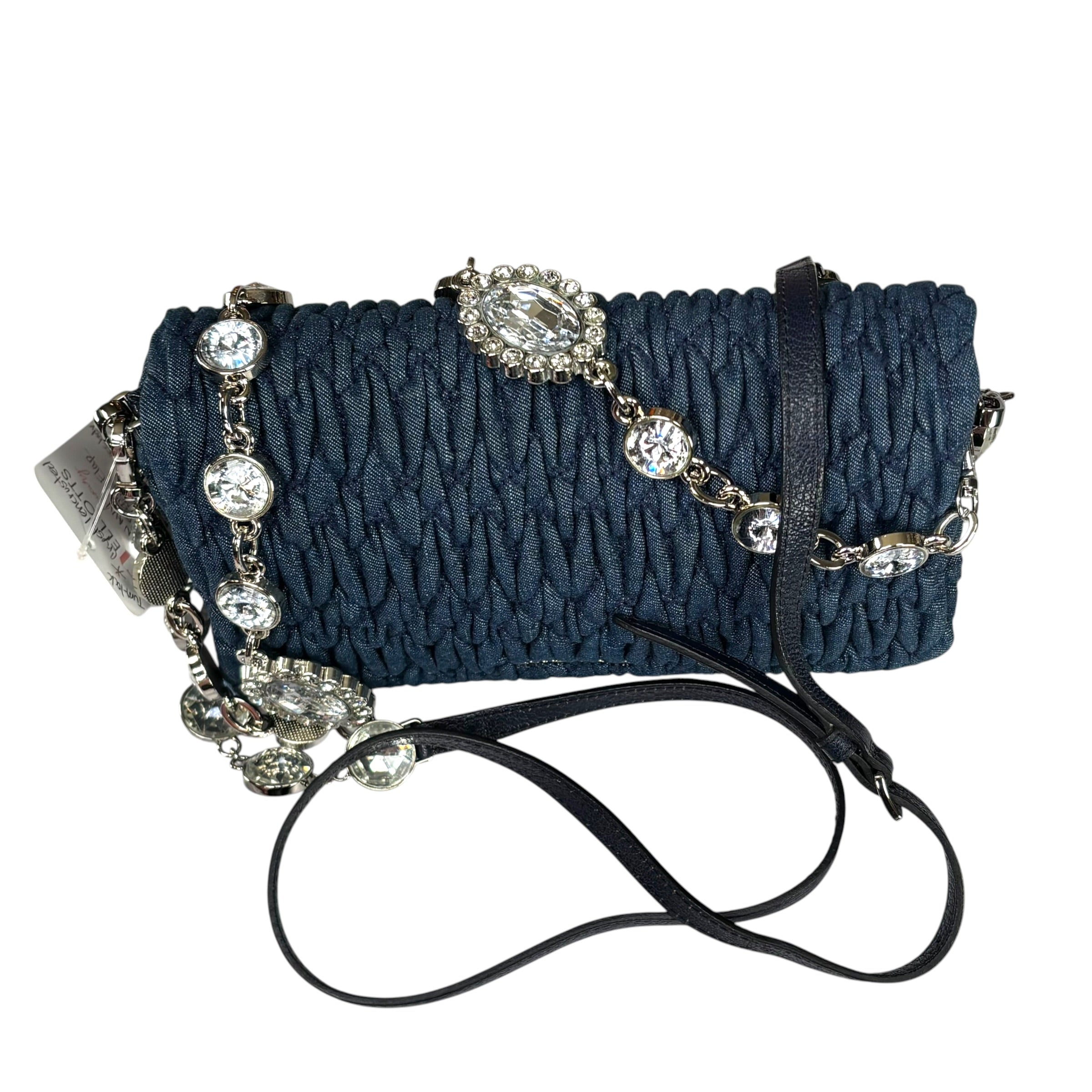 Miu Miu Crystal SHW Encrusted Denim 2-Way Crossbody Flap Turn-Lock