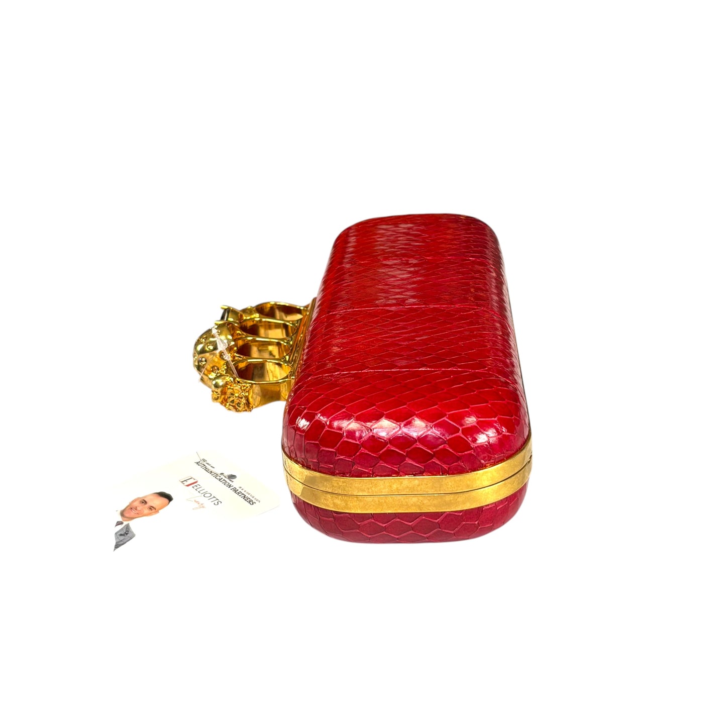 Alexander McQueen Ruby Red Embossed Leather Knuckle Clutch – Gold Rhinestone Skull Hardware