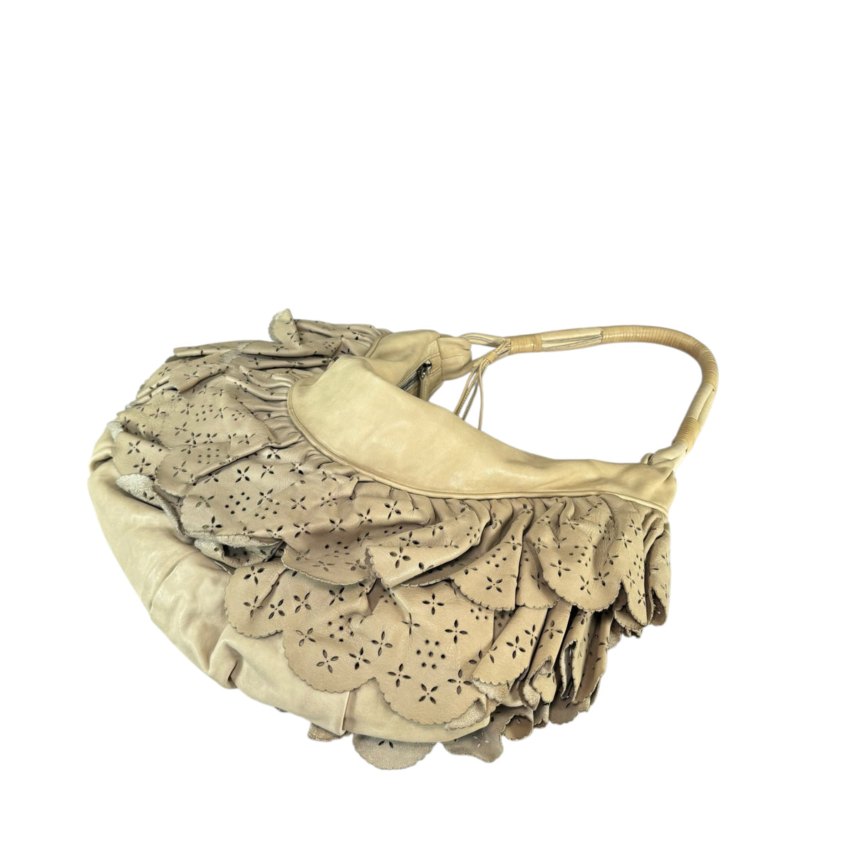Christian Dior Bone Gypsy Ruffled Leather Perforated Hobo Bag