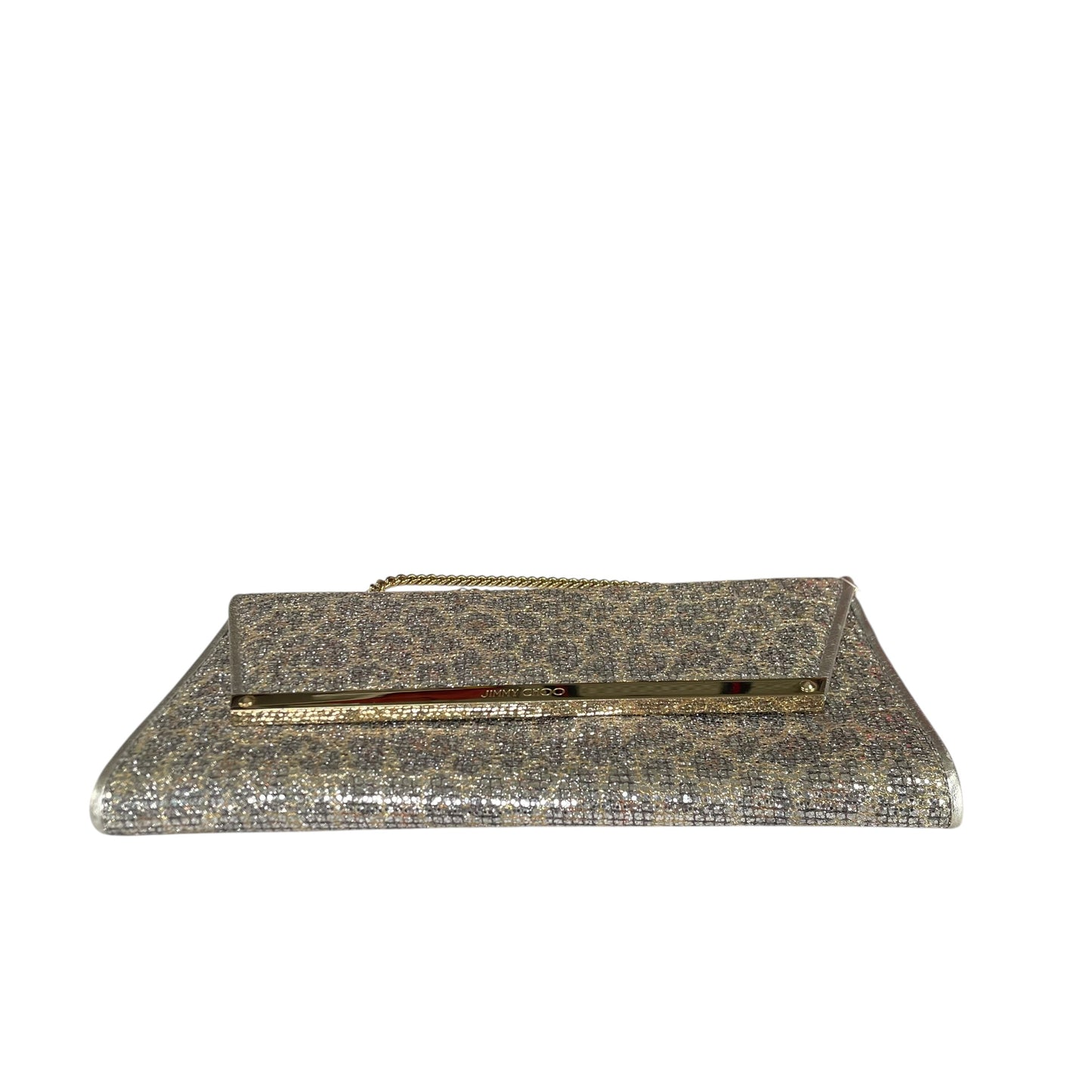 Jimmy Choo Margot Metallic Glitter Silver Leather GHW Chain Clutch