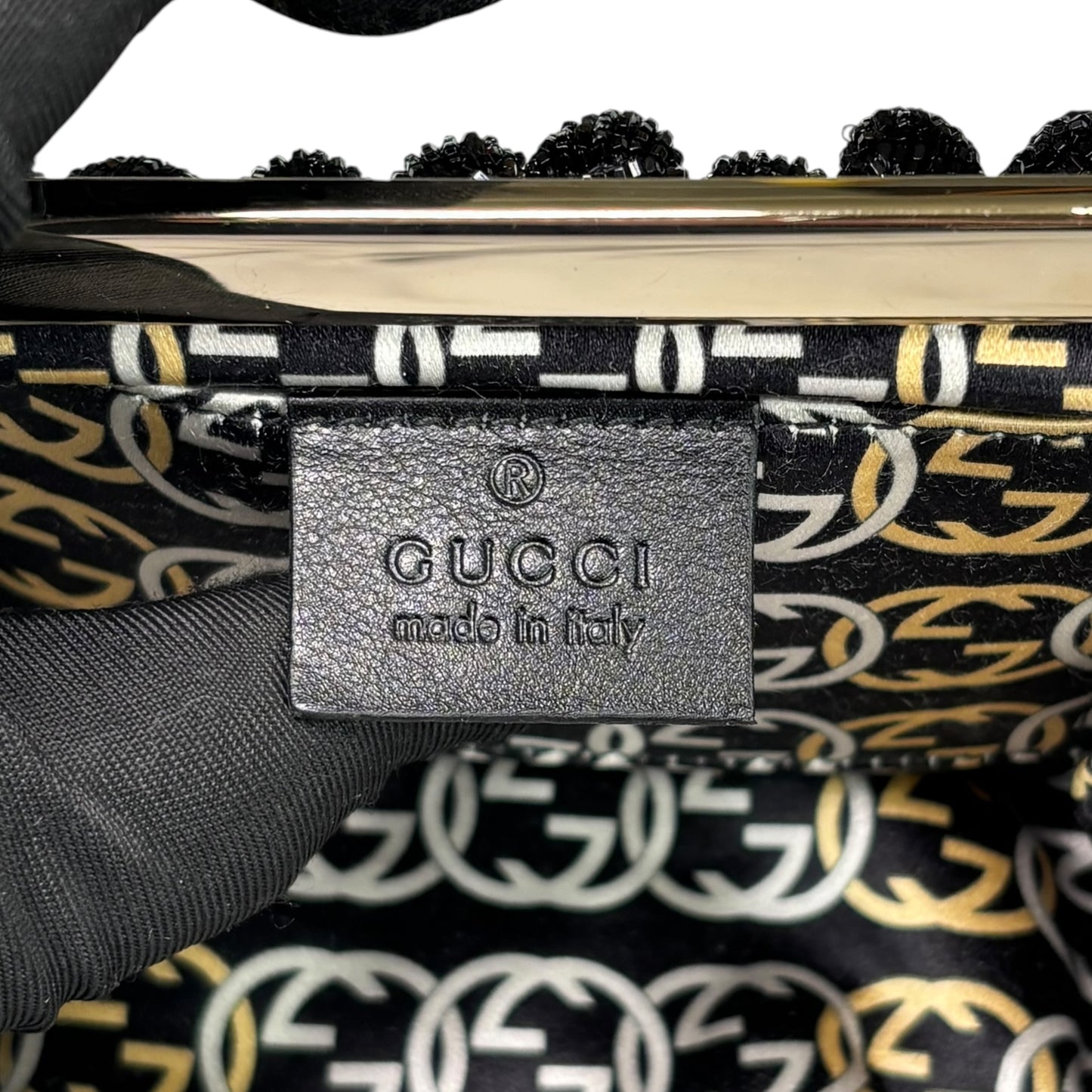 Gucci GG Y2K Mini GHW Black Satin Crystal Ball Kiss-Lock Beaded Clutch