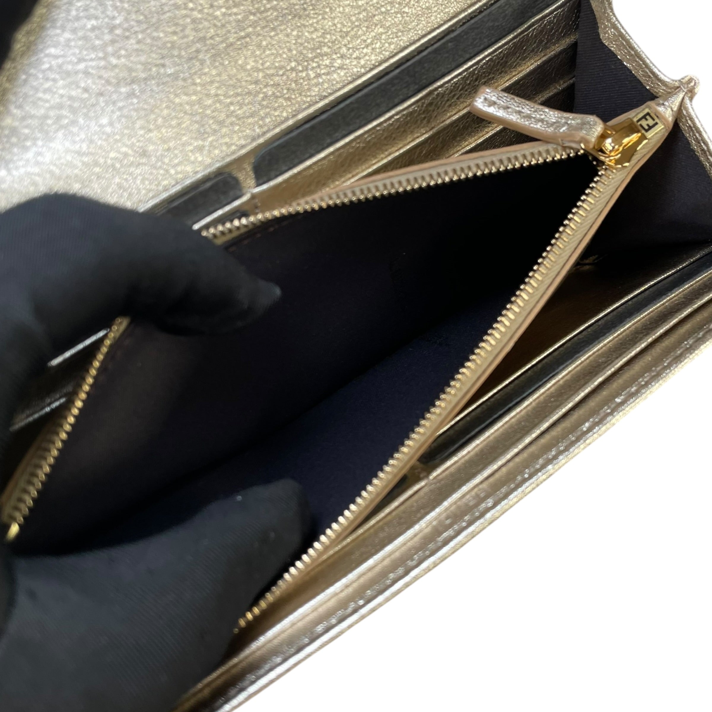 Fendi Zucca Baguette Leather Metallic Gold Silver Continental Long