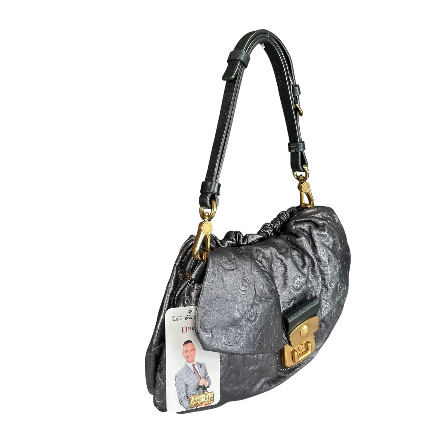 Marc Jacobs Linda Metallic Grey GHW Mono Leather Cinched Shoulder Purse