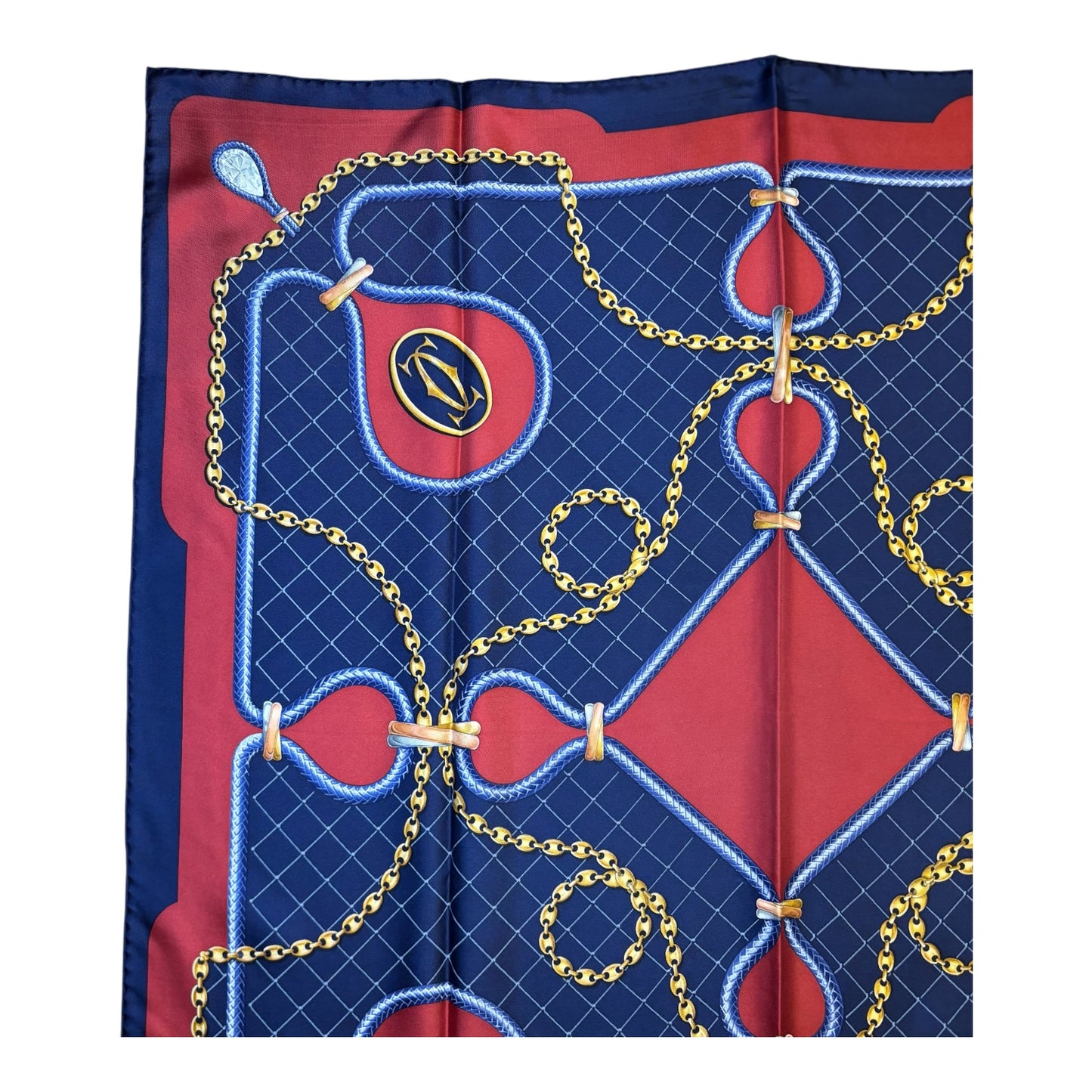Cartier Must de Cartier Silk Scarf 33” x 33” Chain & Pear Diamond Motif Navy Red