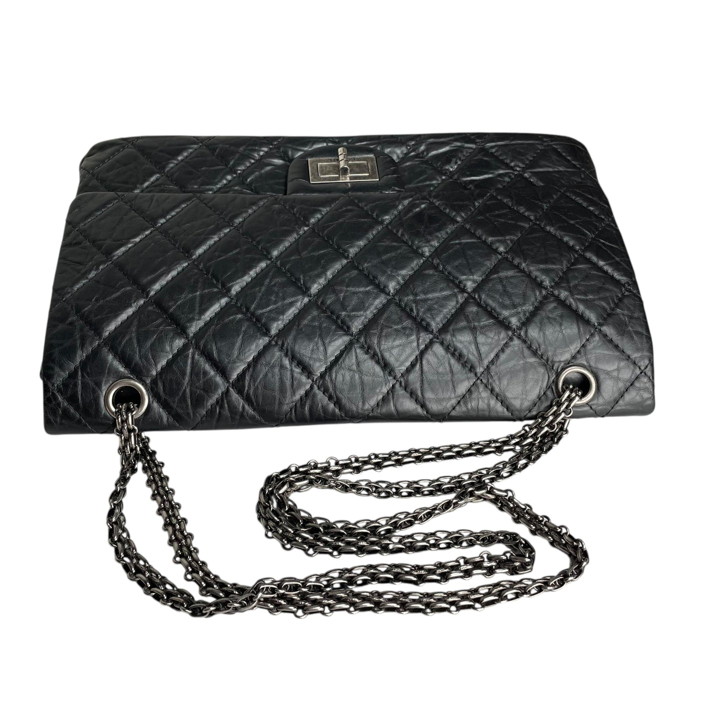 Chanel CC 255 Re-Issue Large Black Aged Calf Gunmetal Hardware Double Flap Purse