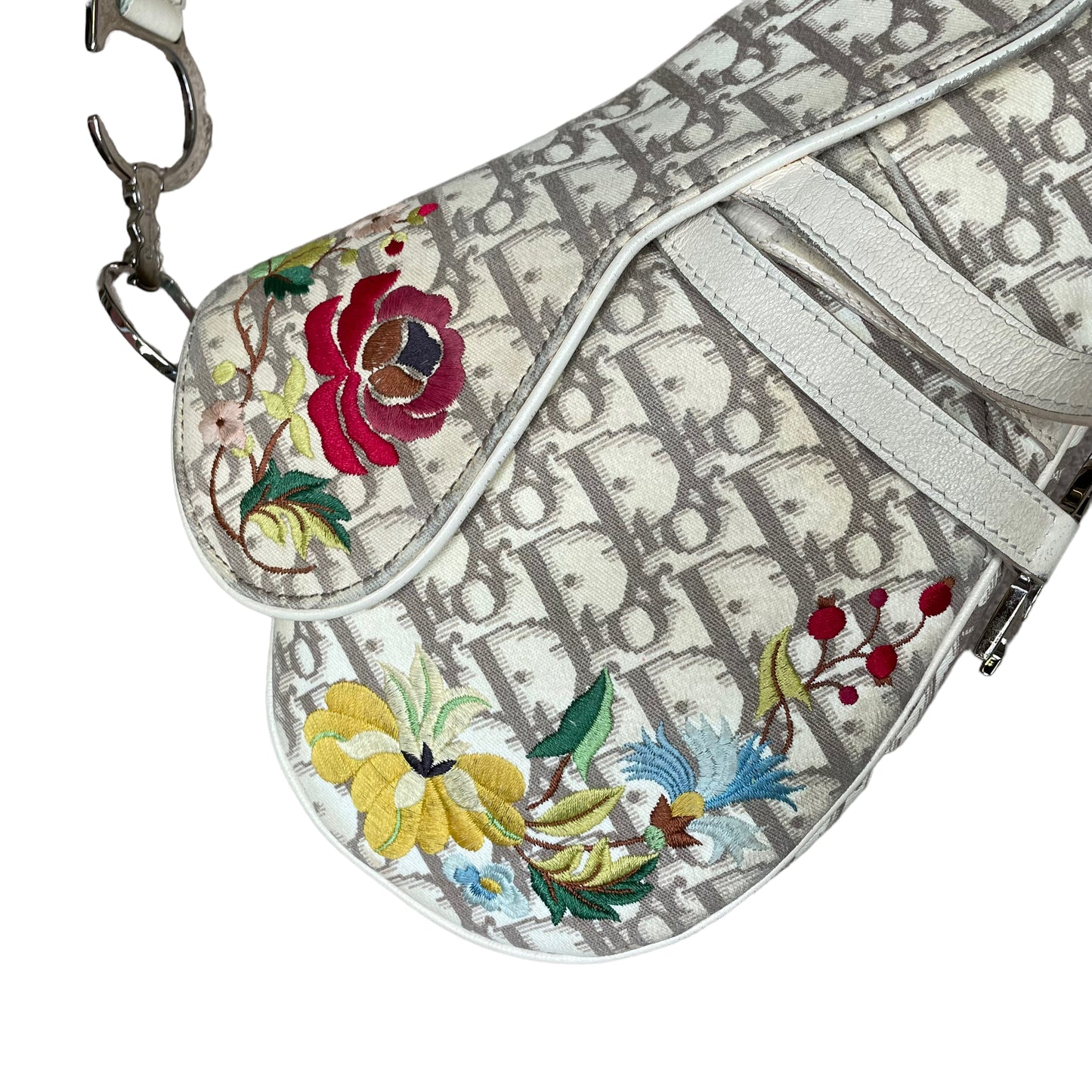 Christian Dior Saddle Oblique Bag Floral Embroidered Ivory Canvas Silver Hardware Purse