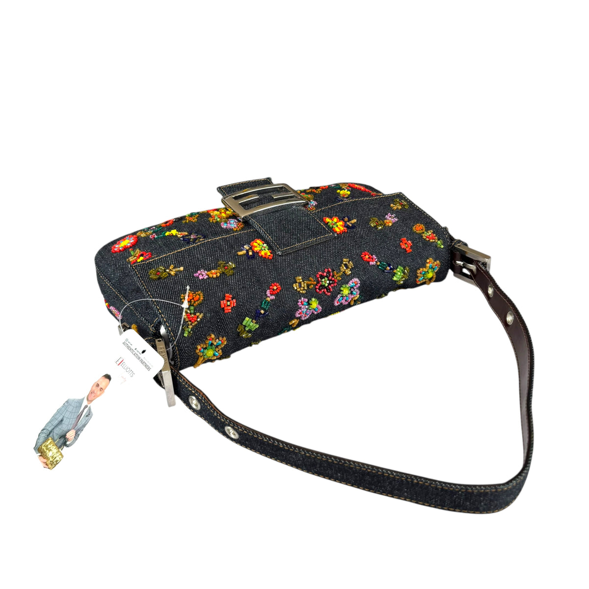 Fendi Y2K Denim Classic Floral Beaded Baguette Shoulder Purse