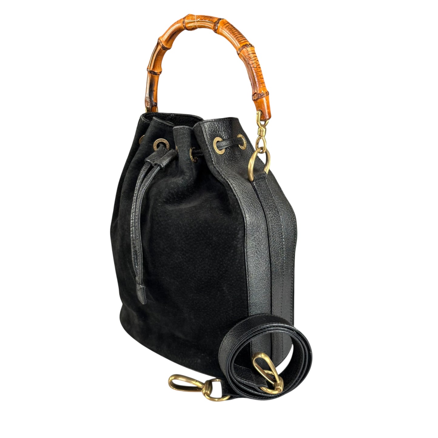 Gucci Bamboo Black Leather Suede Bucket Shoulder Bag