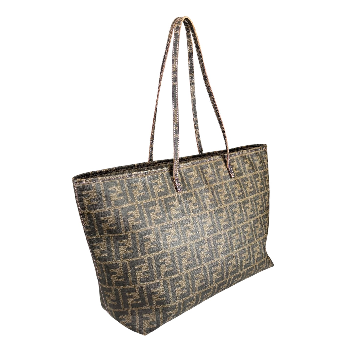 Fendi Spalmati Zucca Coated Canvas Brown / Black Zip Shoulder Tote