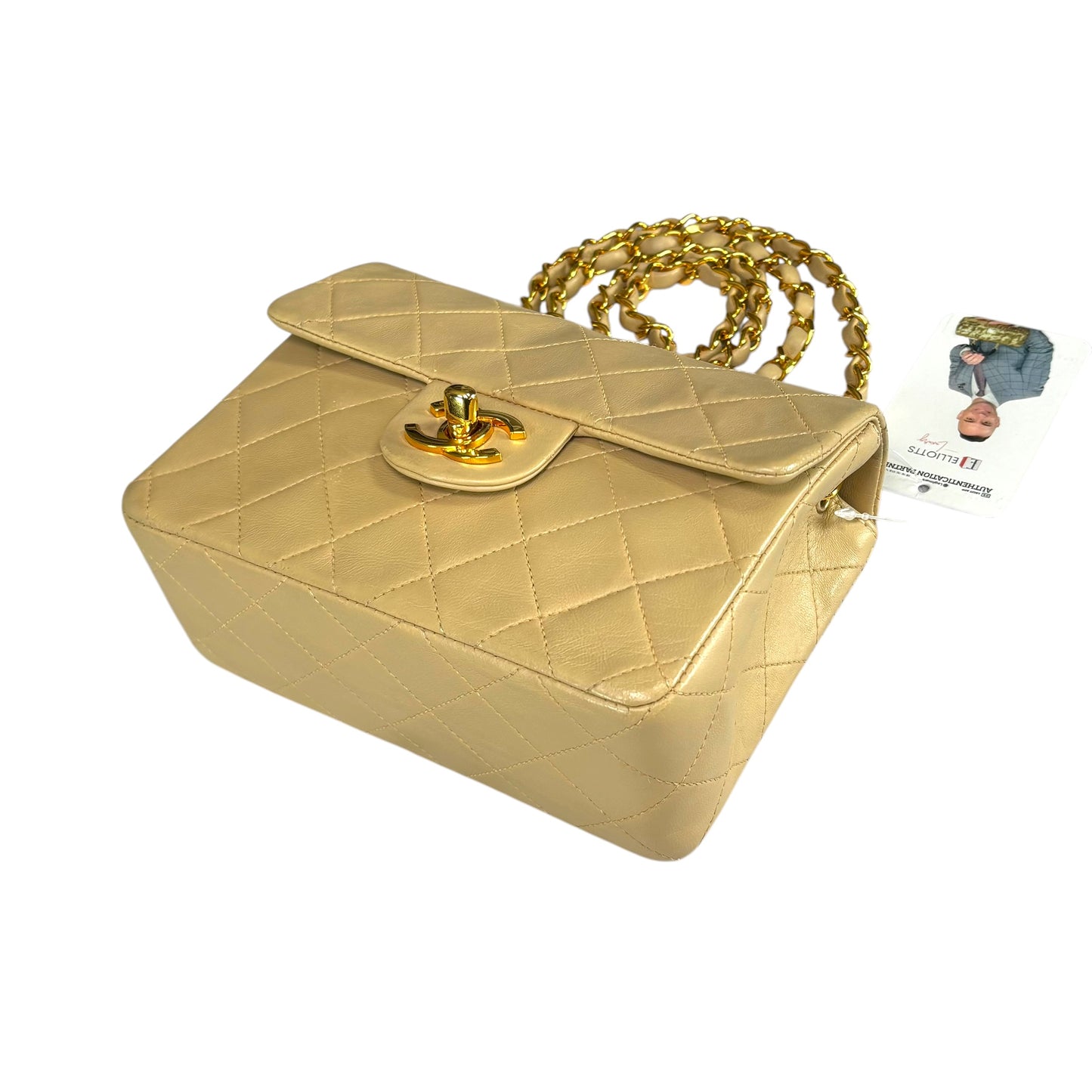 Chanel CC Classic Mini Square Beige Lambskin GHW Shoulder Purse