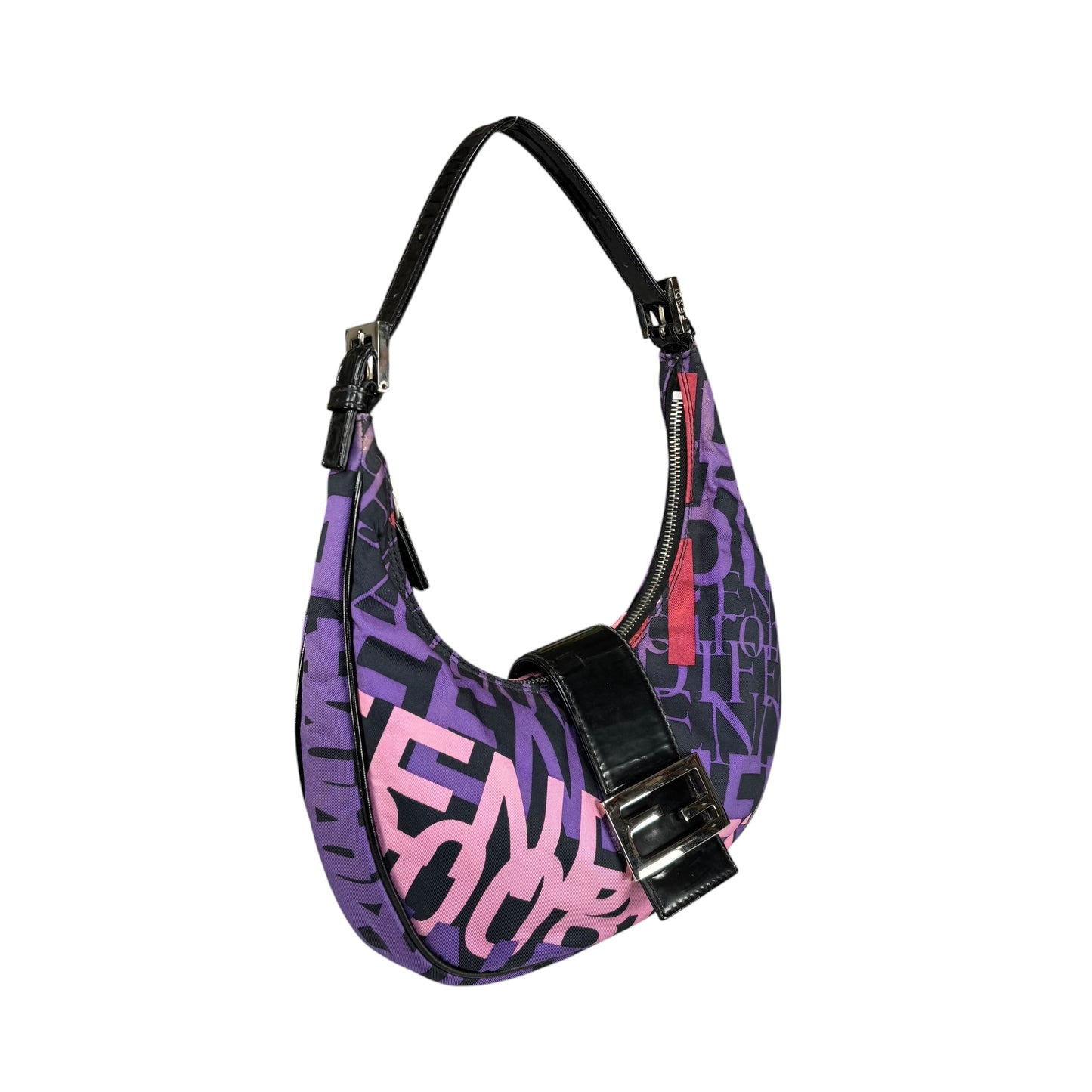 Fendi Y2K Baguette Crescent Graffiti Purple Pink Canvas Patent Leather Purse