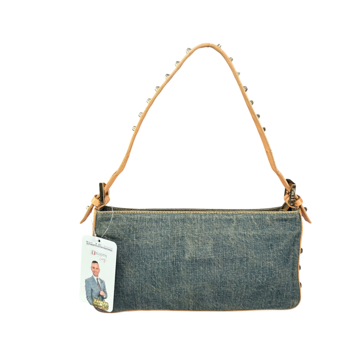 Fendi Y2K Baguette GHW Denim Studded Tan Leather Shoulder Purse