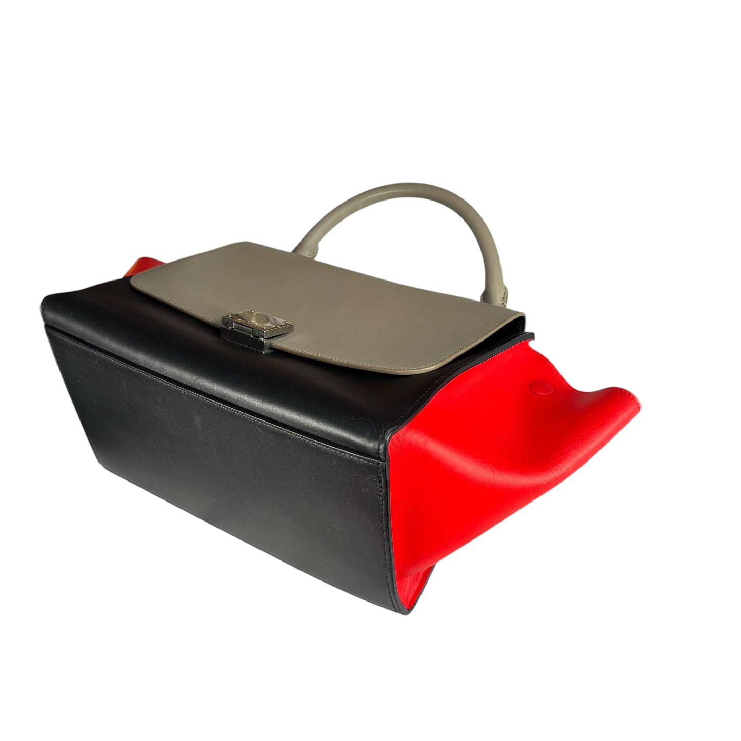 Celine Trapeze Tri-Color Red Black Grey Turn-Lock Top Handle Purse