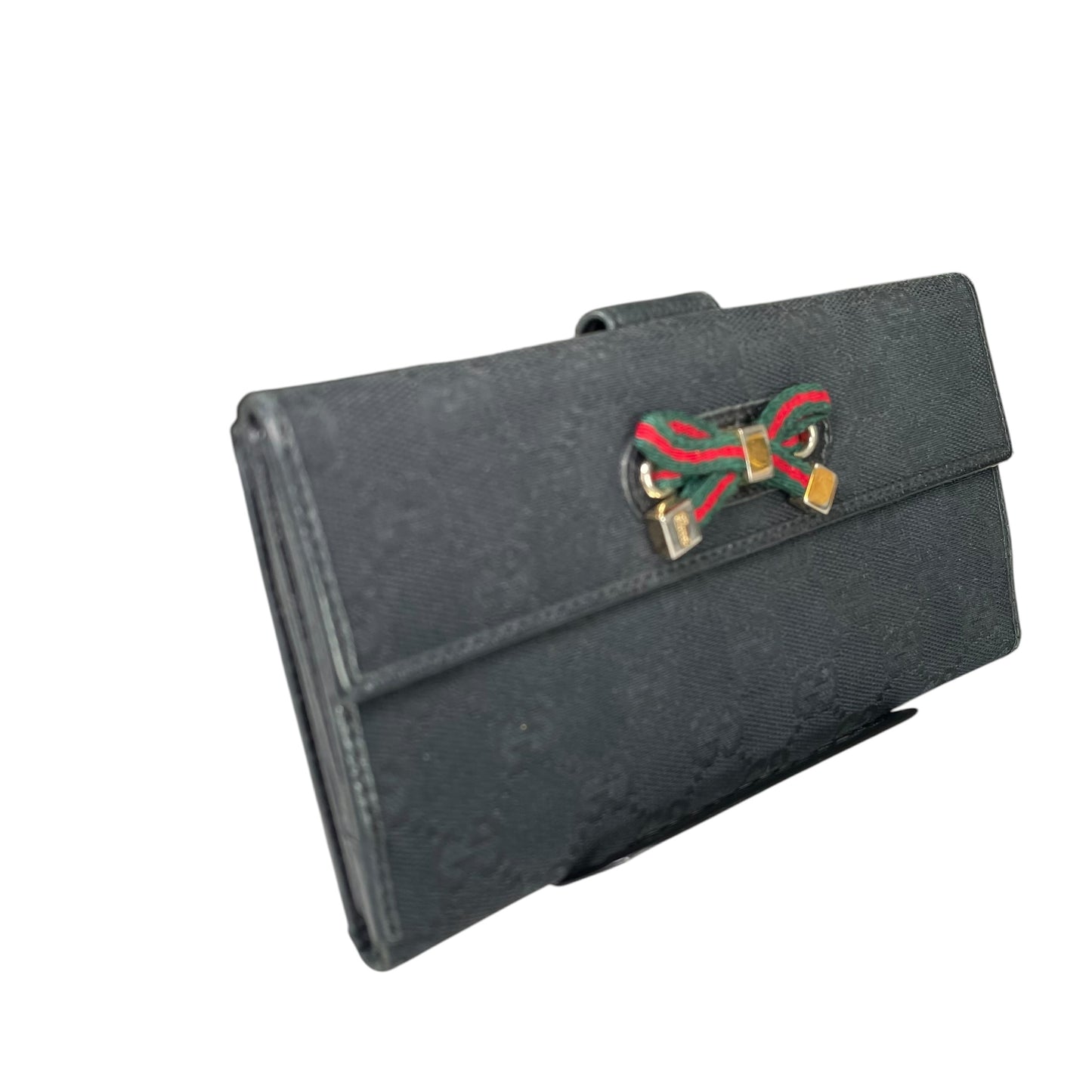 Gucci Princy GG Canvas Long Wallet Black Web Bow Clutch Vintage Checkbook