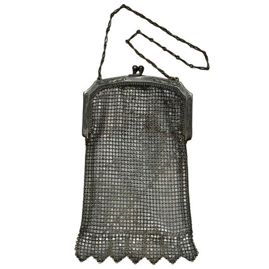 Whiting & Davis Metal Mesh Antique Sterling Plated Mini Clutch Purse Kiss-Lock