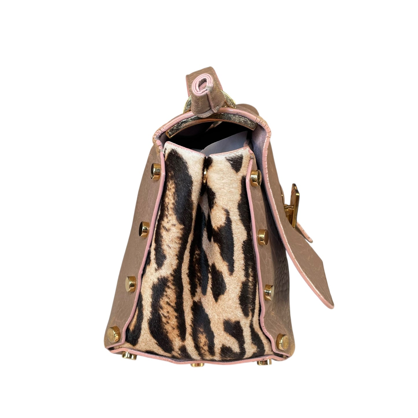 Jimmy Choo Lockett Two Way Bag Leopard Pony Hair Taupe Leather Gold HW Satchel