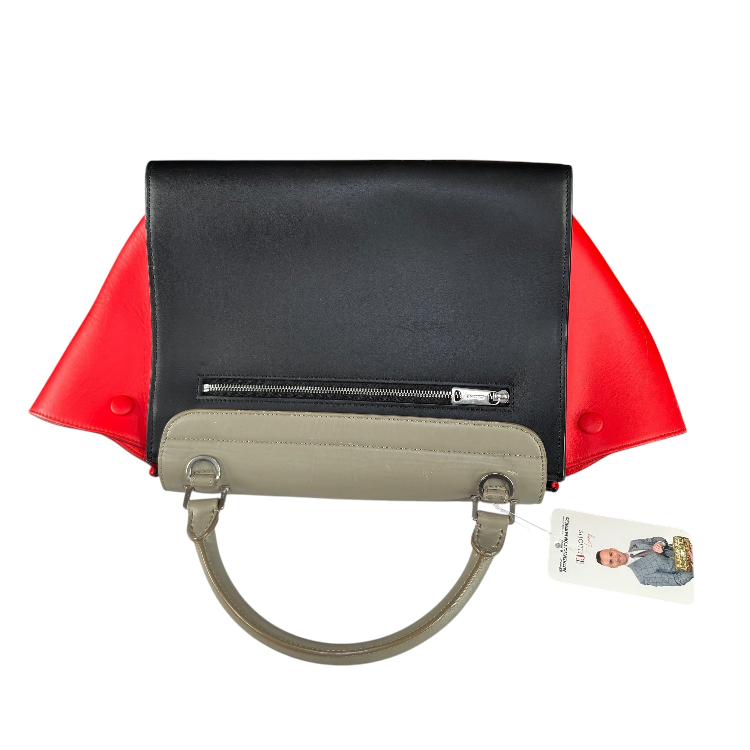 Celine Trapeze Tri-Color Red Black Grey Turn-Lock Top Handle Purse
