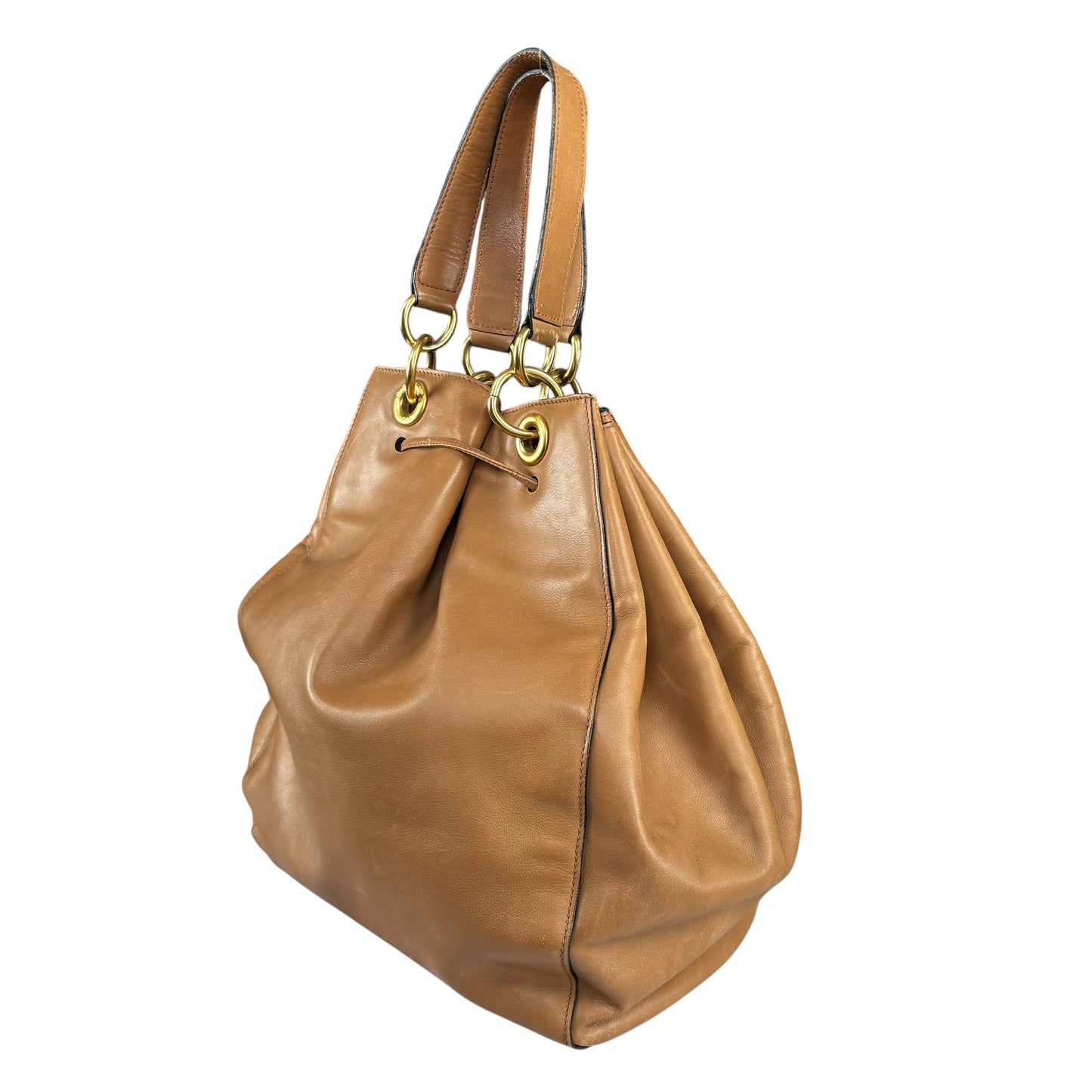 Celine Gold Brown Leather GHW Pouch Drawstring Bucket Hobo Bag