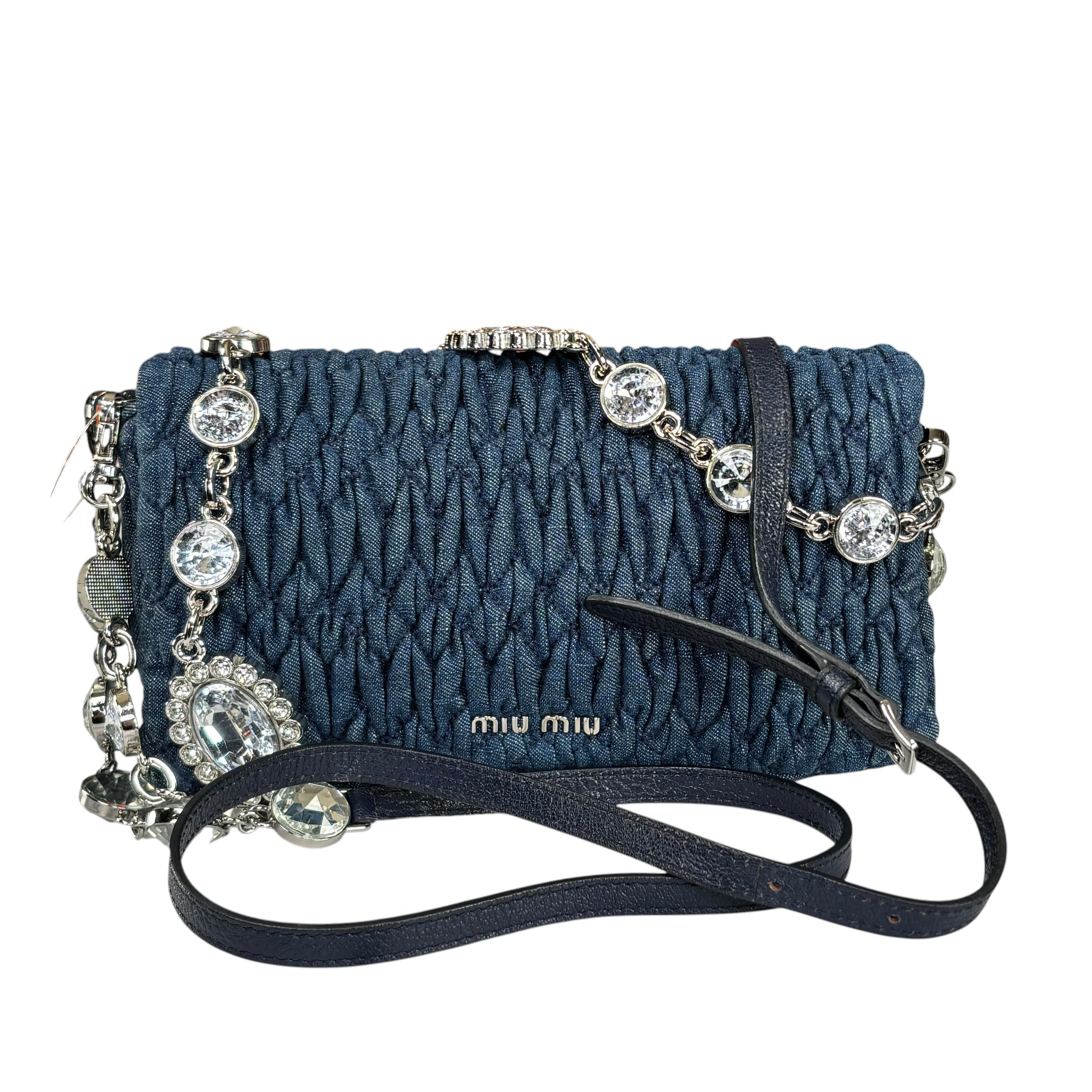 【miu⸜❤︎⸝‍】 Miu Miu Crystal SHW Encrusted Denim 2-Way Crossbody Flap Turn-Lock