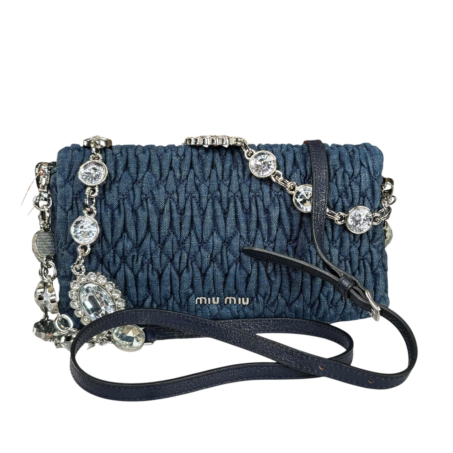 Miu Miu Crystal SHW Encrusted Denim 2-Way Crossbody Flap Turn-Lock Purse