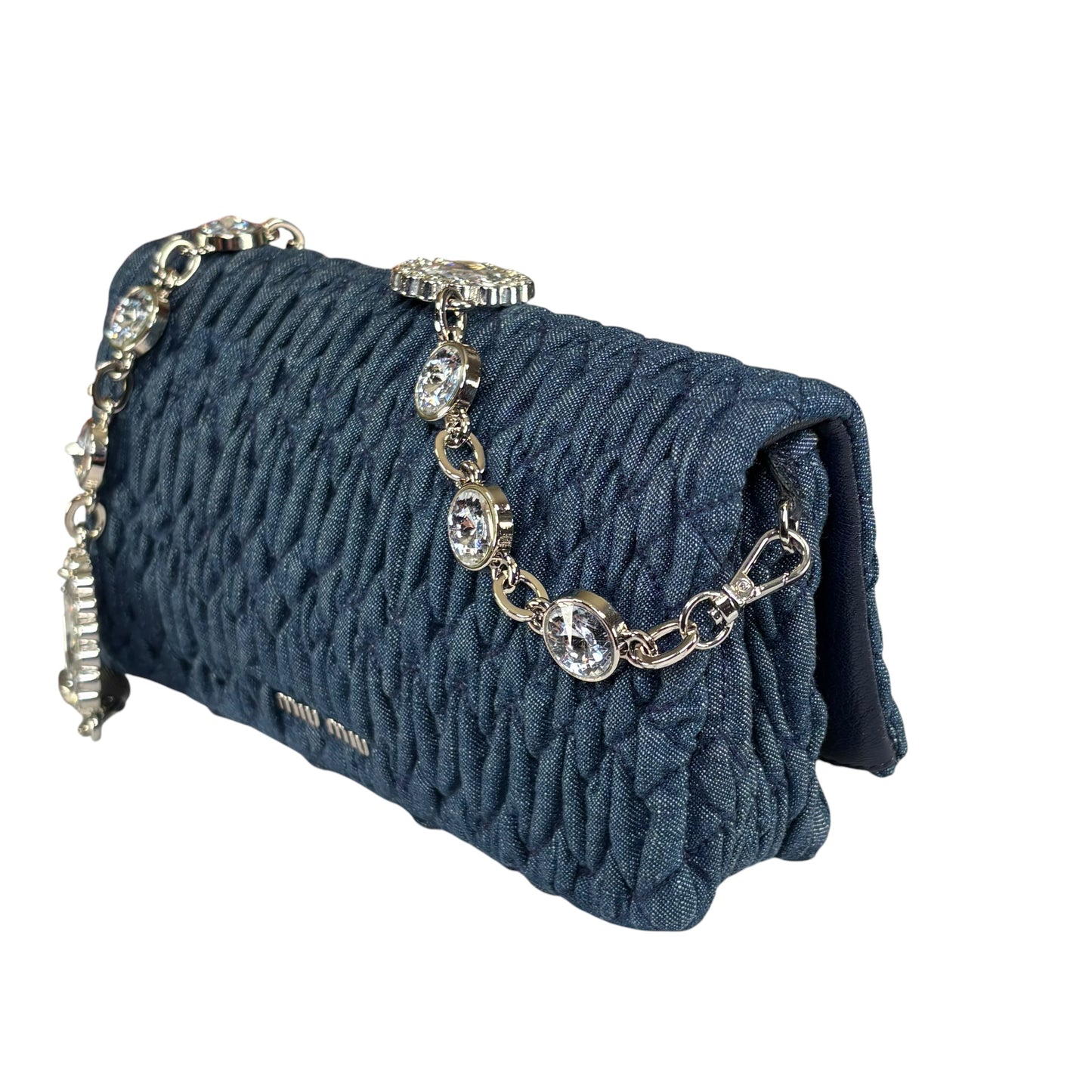 Miu Miu Crystal SHW Encrusted Denim 2-Way Crossbody Flap Turn-Lock Purse