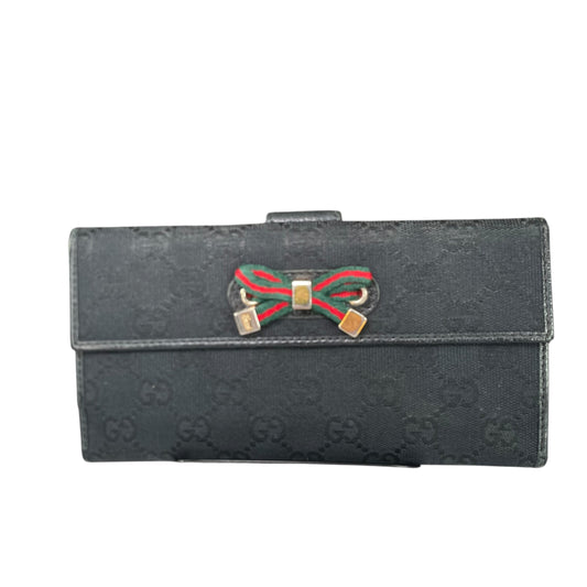 Gucci Princy GG Canvas Long Wallet Black Web Bow Clutch Vintage Checkbook