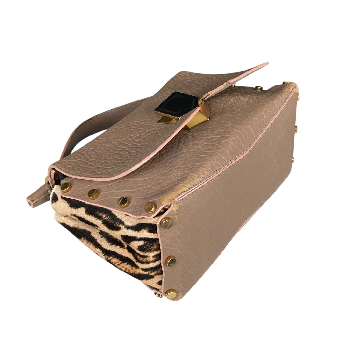 Jimmy Choo Lockett Two Way Bag Leopard Pony Hair Taupe Leather Gold HW Satchel