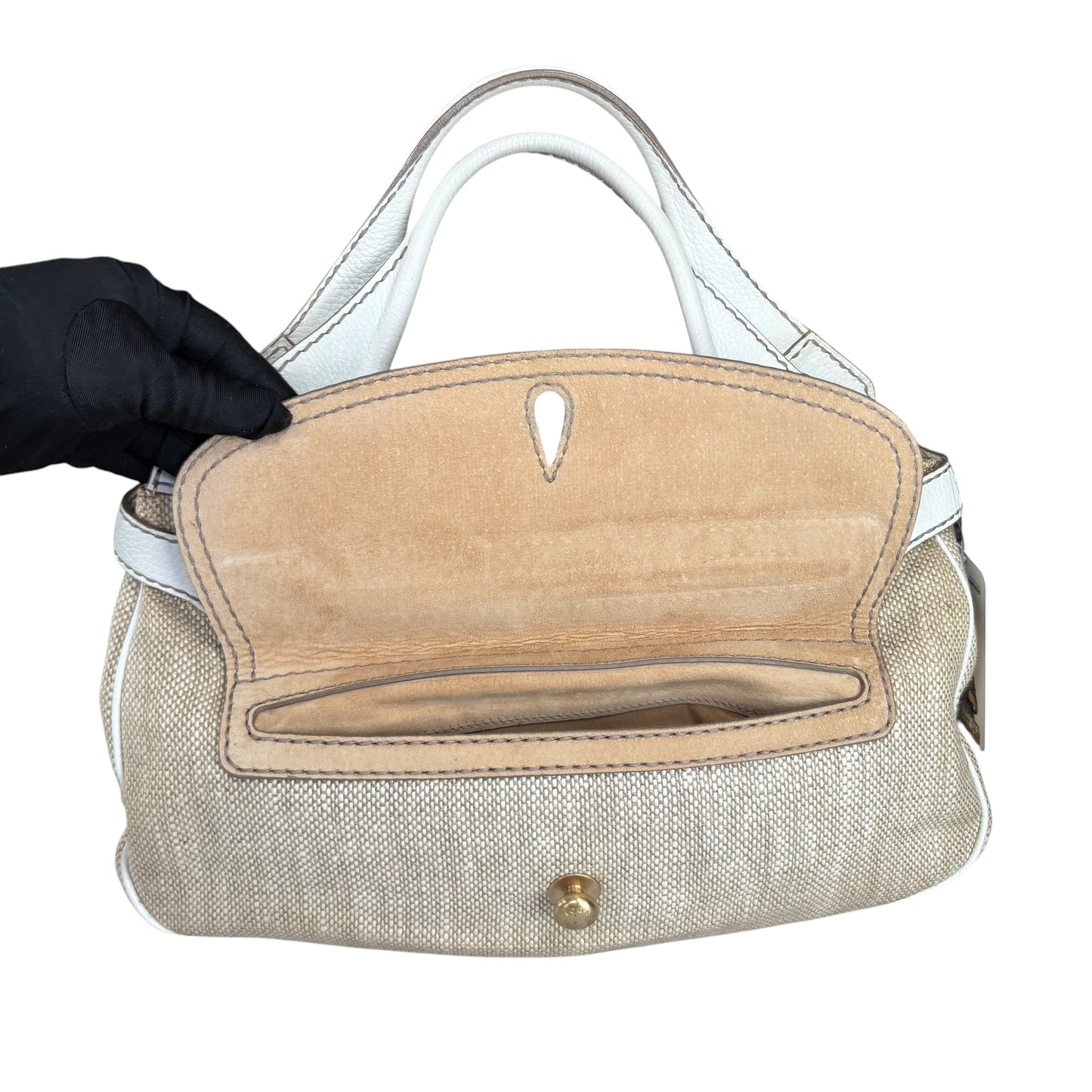 Tod’s Decoupage Canvas Chalk & Tan Leather Shoulder Purse