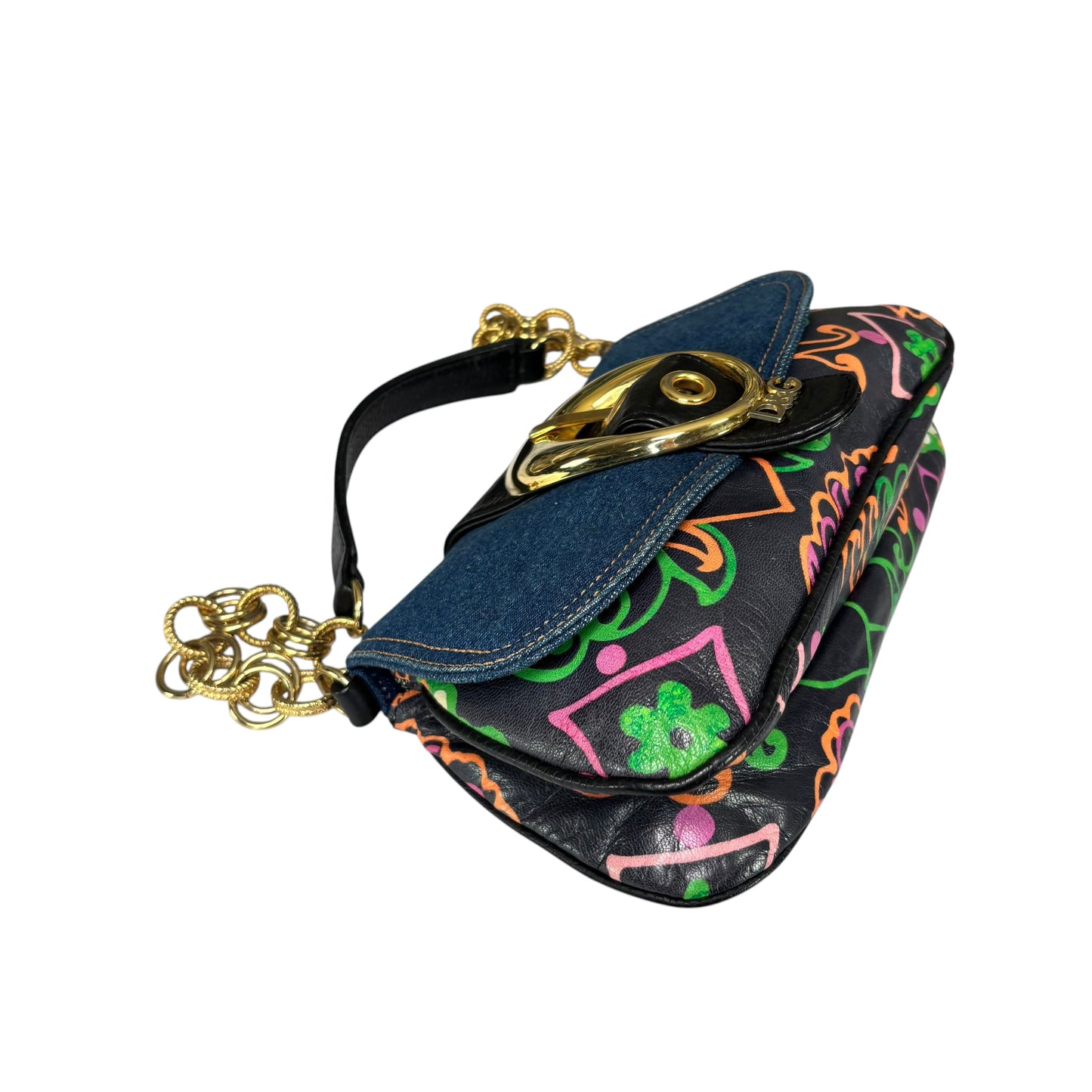 Dolce & Gabbana D & G Y2K Denim Buckle Baguette Floral Limited Leather Chain Purse