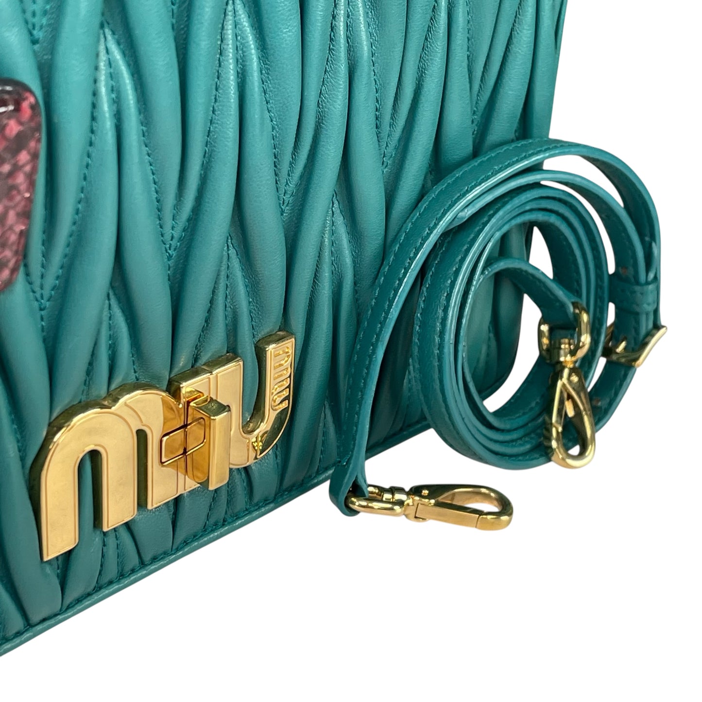 Miu Miu Delice Teal Matelasse Python Embossed Nappa Leather GHW Crossbody Flap Purse
