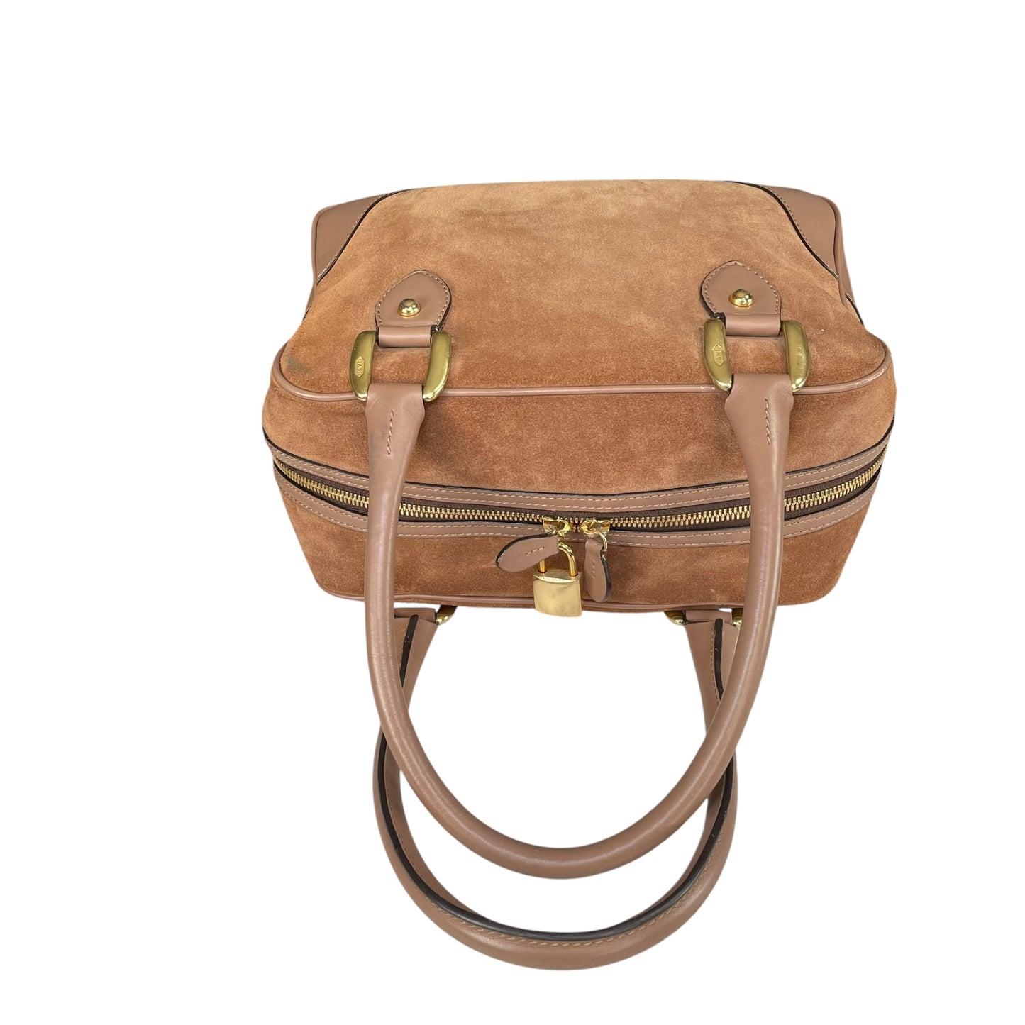 J&M Davidson Mia Equestrian Satchel Suede Leather Brown Lock Key Boston Bag