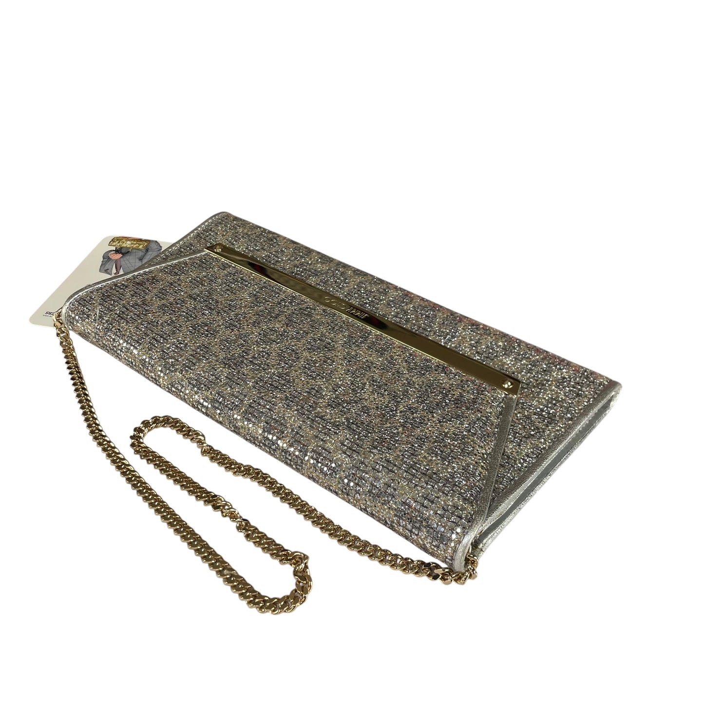 Jimmy Choo Margot Metallic Glitter Silver Leather GHW Chain Clutch