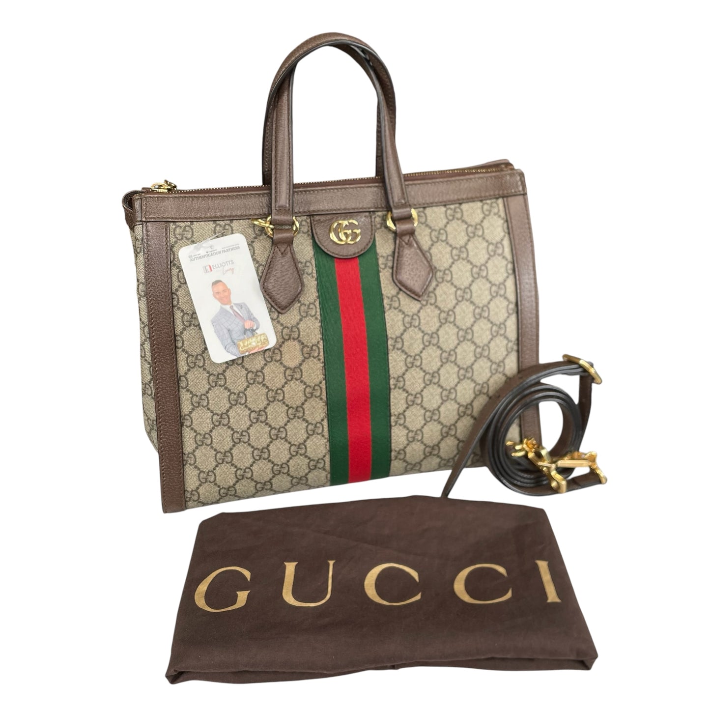 Gucci GG Ophidia GHW Leather Supreme Brown Canvas Crossbody Medium 2-Way Tote