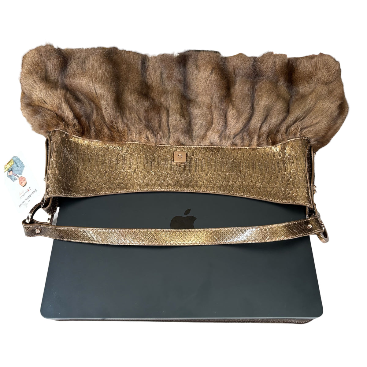Fendi Y2K Chef Brown XL Rabbit Embossed Snake Metallic Leather Shoulder Purse