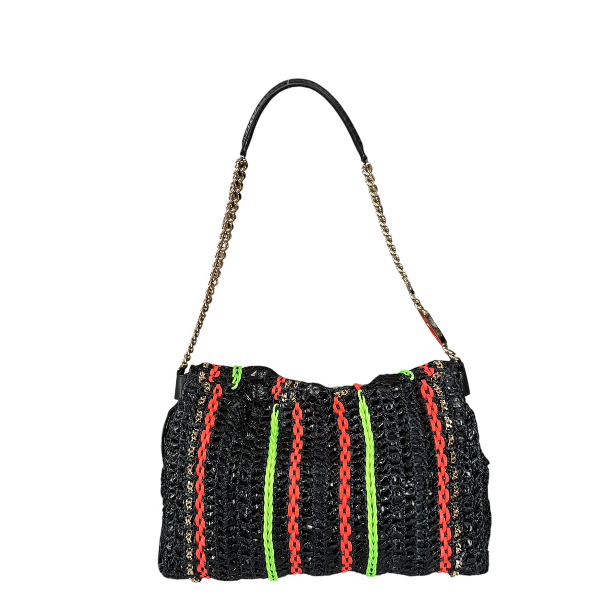 Jimmy Choo GHW Leather Rafia Neon Black Snake Chain Flap