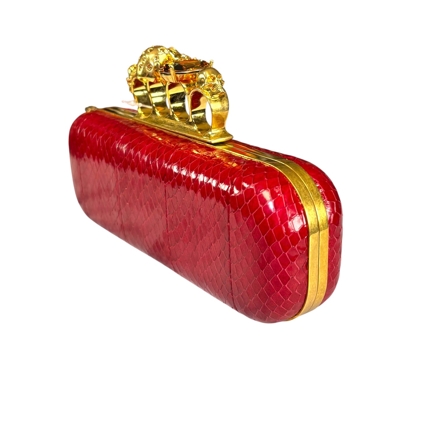 Alexander McQueen Ruby Red Embossed Leather Knuckle Clutch – Gold Rhinestone Skull Hardware