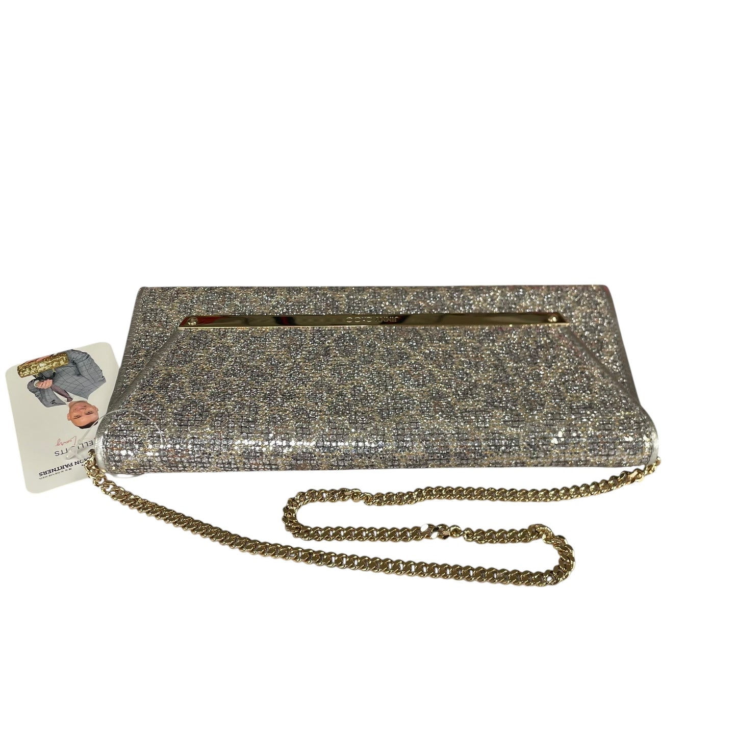 Jimmy Choo Margot Metallic Glitter Silver Leather GHW Chain Clutch