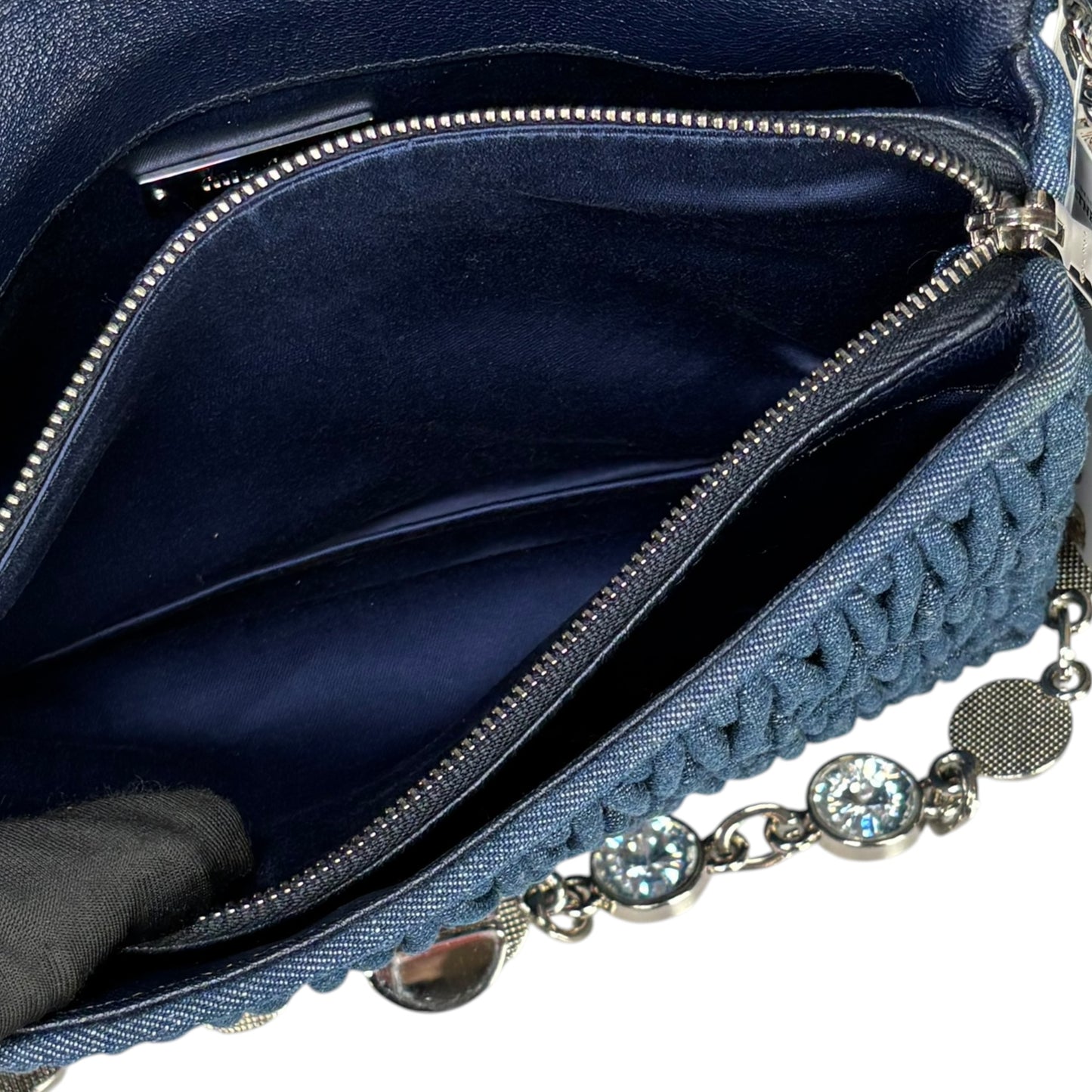 Miu Miu Crystal SHW Encrusted Denim 2-Way Crossbody Flap Turn-Lock Purse