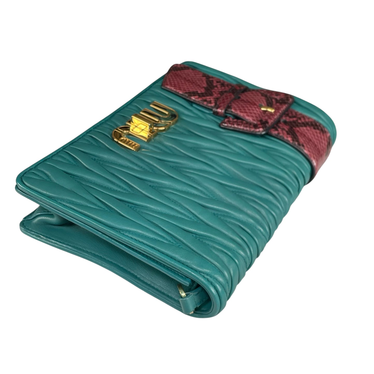 Miu Miu Delice Teal Matelasse Python Embossed Nappa Leather GHW Crossbody Flap Purse