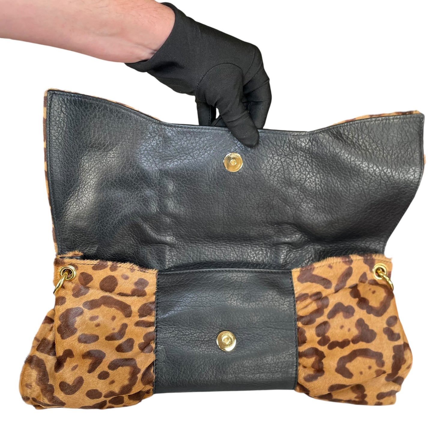 Valentino Leopard Pony Hair Studded GHW East-West Chain Shoulder Bag / Clutch
