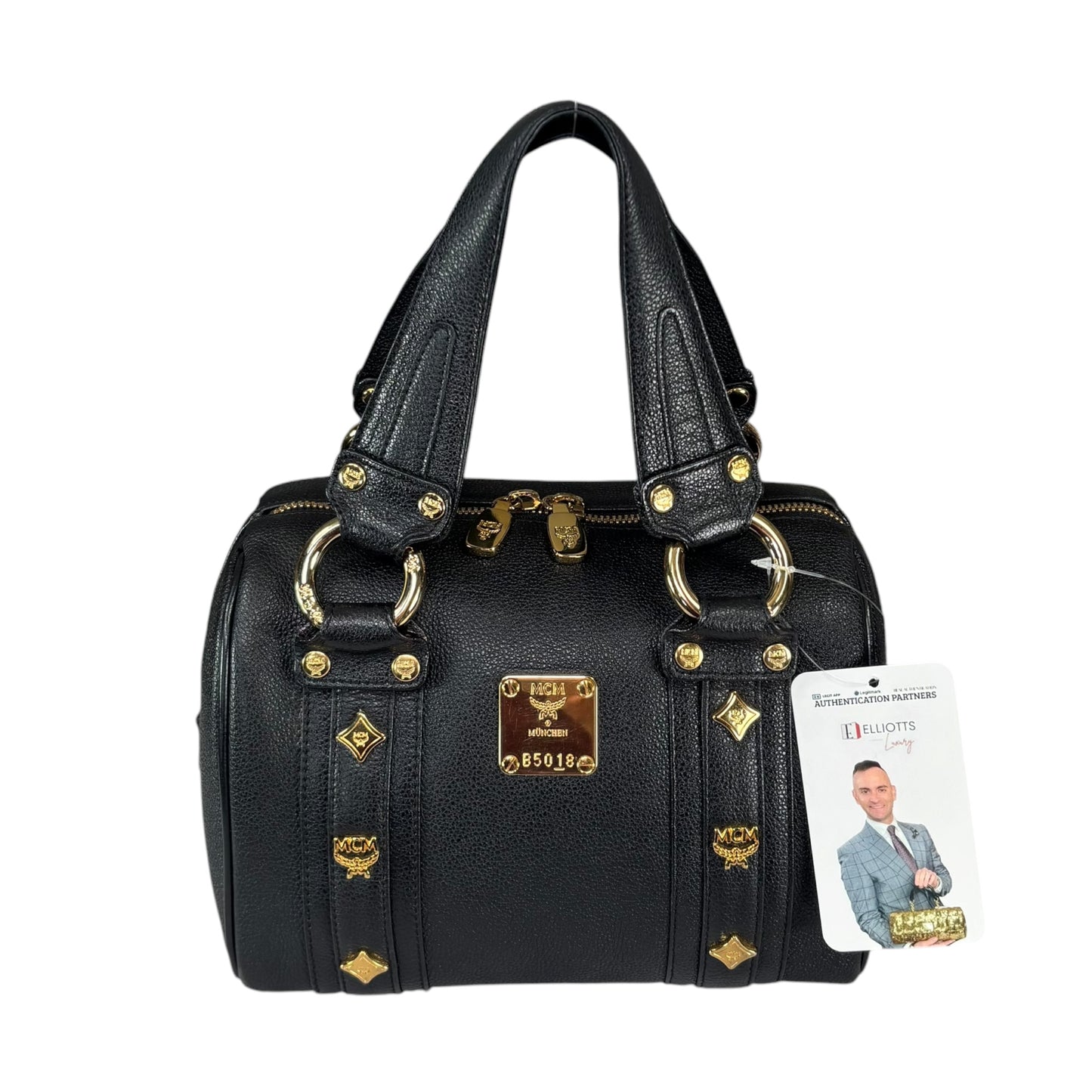 MCM Viestos GHW Black Mini Boston Studded Zip Purse 9”