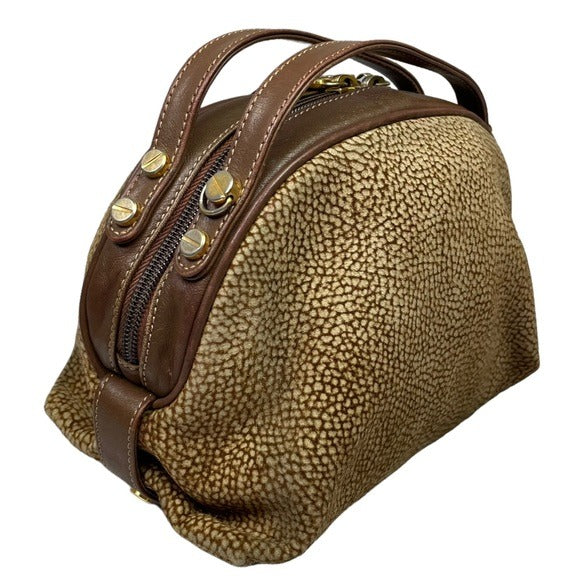 Borbonese Redwall Suede Textured Brown Dual Handle Crossbody Mini Satchel Bag